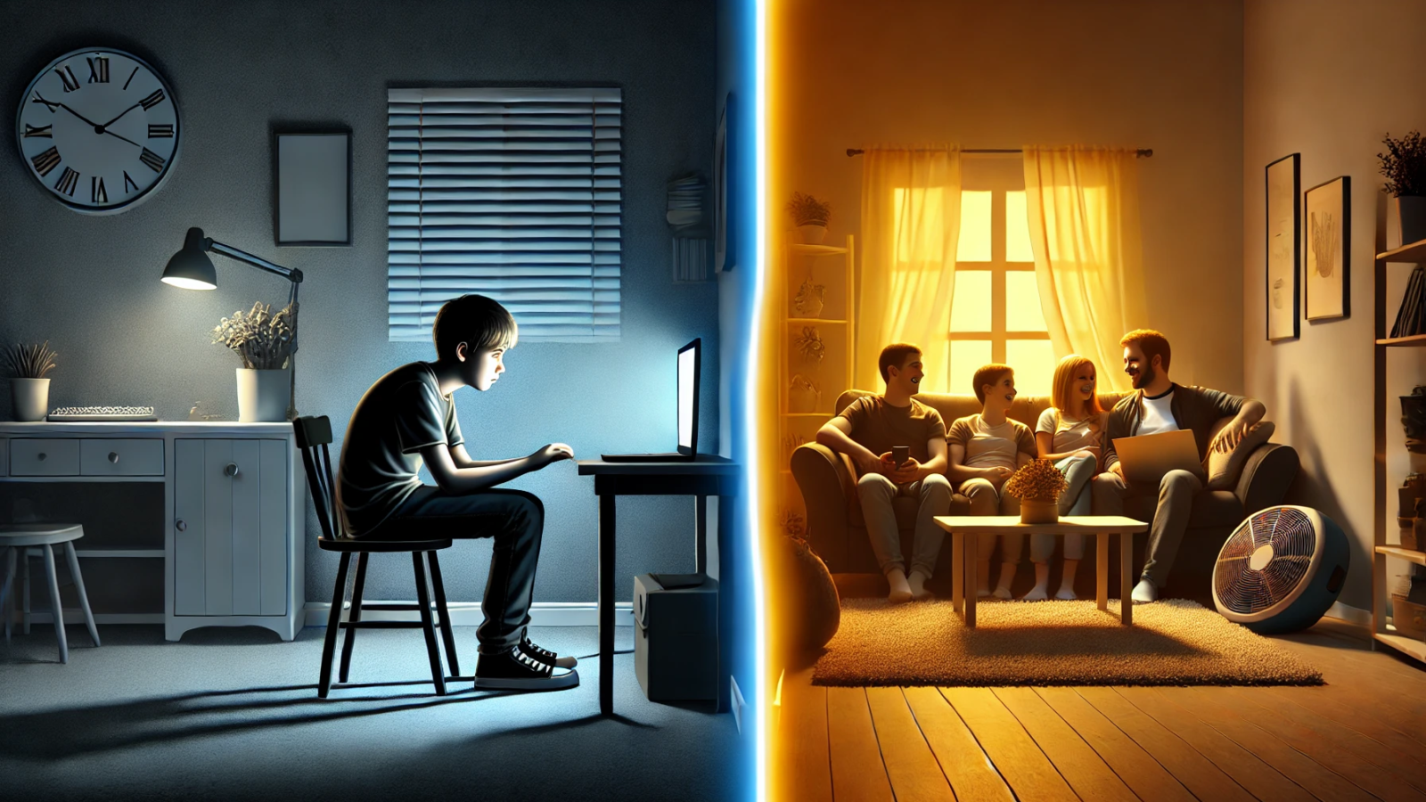 DALL·E 2025-01-26 10.01.55 - A split-screen digital illustration. On the left side, a teenager sits alone in a dark room, illuminated only by the glow of a laptop or smartphone sc